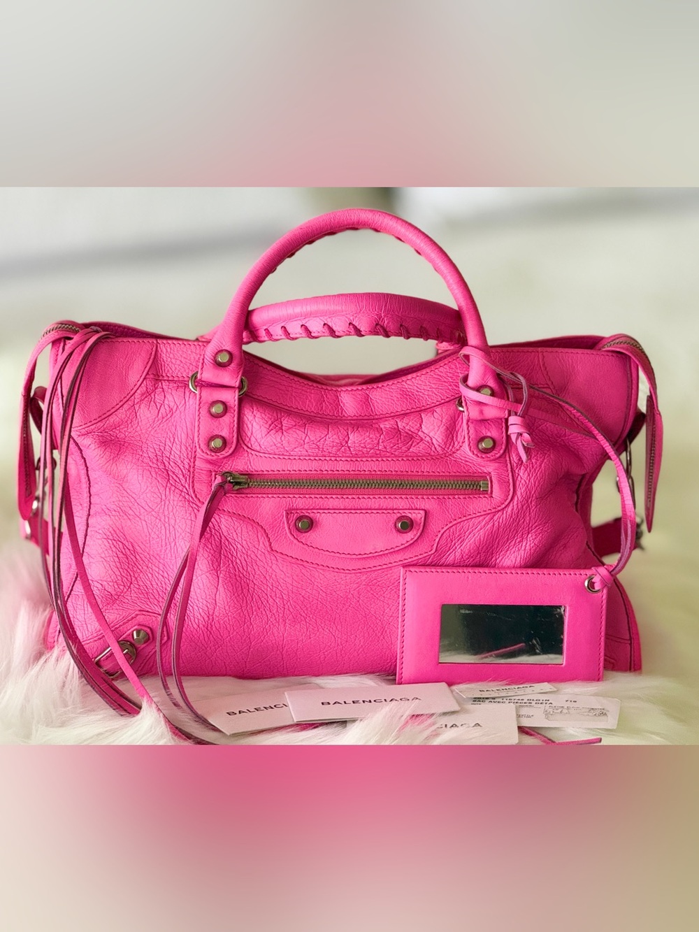BALENCIAGA CITY BAG BARBIE PINK W/STRAP & MIRROR MOTO BAG MEDIUM ROSE FLUO NEON - Picture 2 of 15